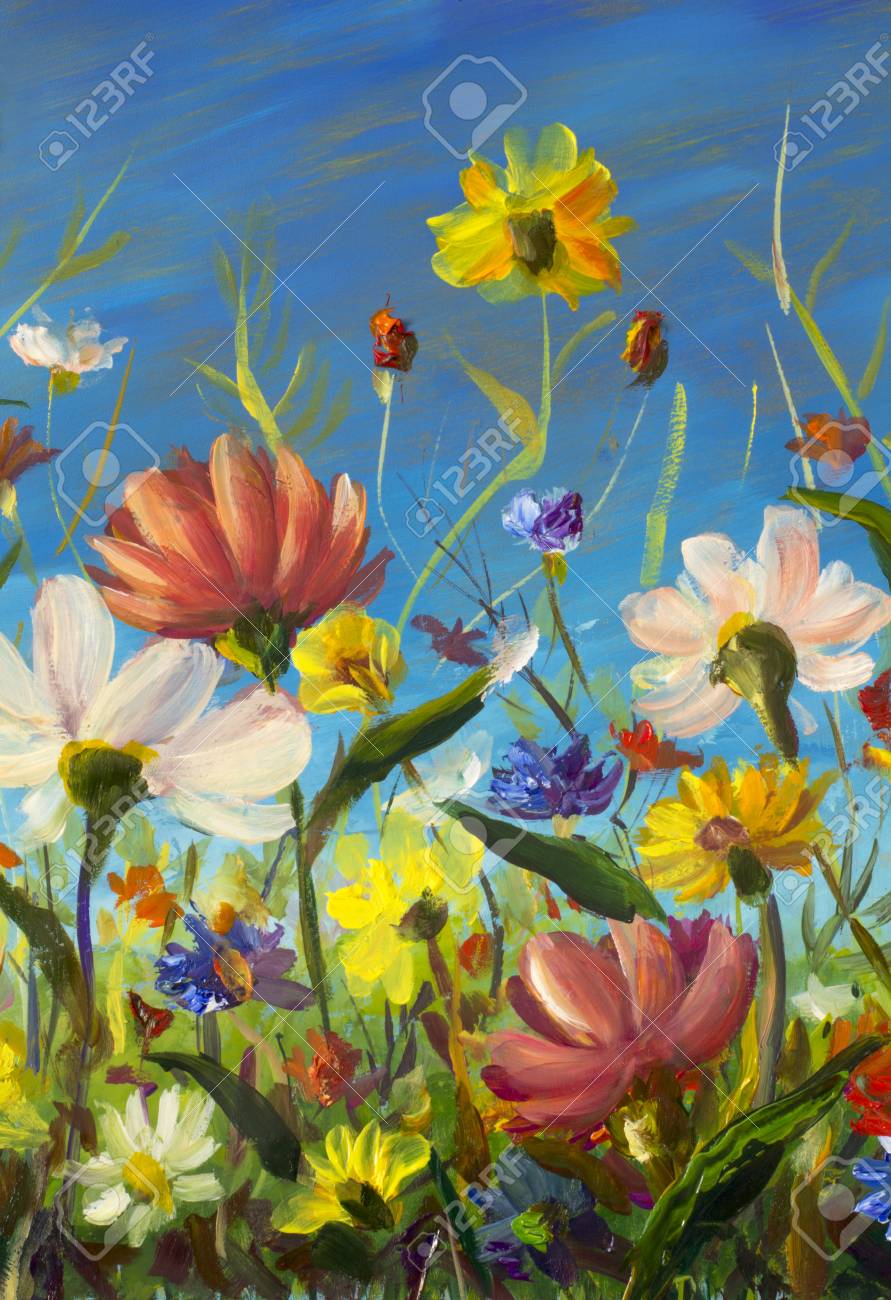 白、黄色、赤の花畑に油絵を描きます。人物画　版画　鶴田一郎　美人画　額付き　手描き　肉筆。風景 - 青空の花畑。1-1137 紅葉と猫のシンフォニー 藤城清治作。春の